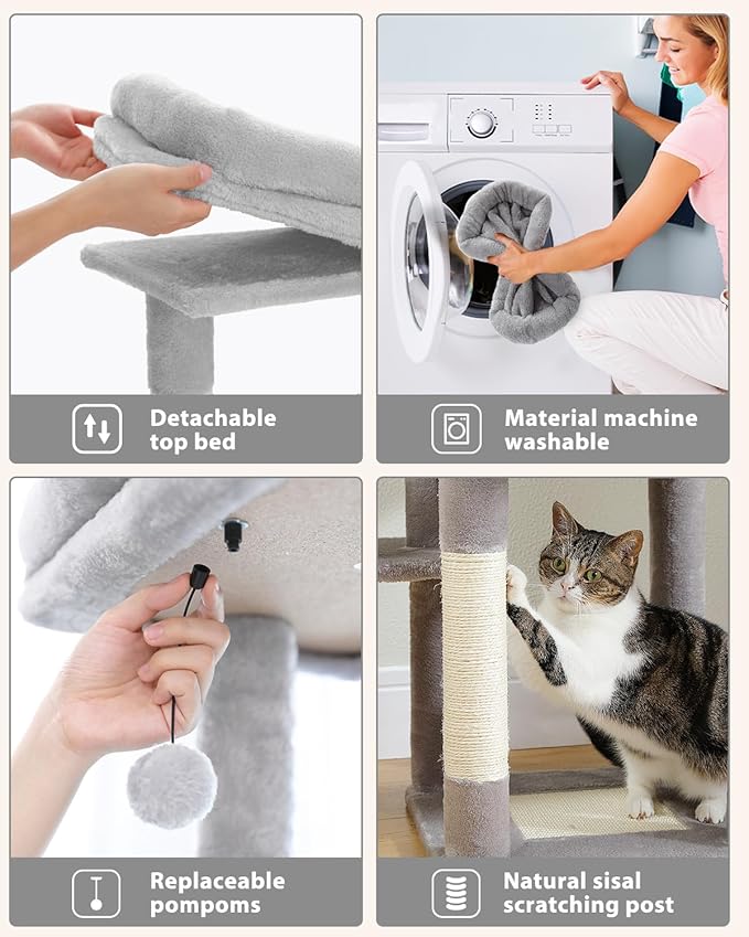 59" Cat Tree, Tall Cat Tower for Large Cat, Multi-Level Tower with 3 Removable Pompom Sticks, Cat Tree for Indoor Cats, Condo with Large Hammock, Scratching Post, and 2 Perches, Grey