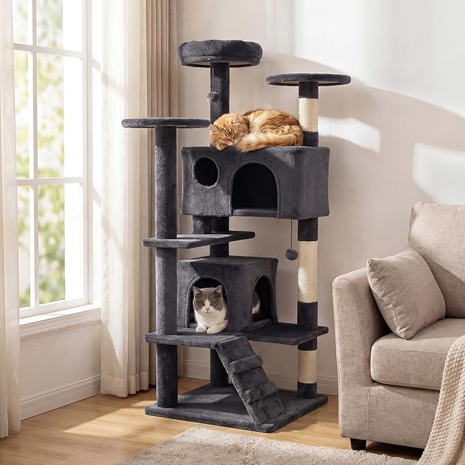 PETSITE 52-inch Cat Tree, Multi-Level Cat Tower with Sisal Scratching Posts, 2 Comfy Condos, Plush Padded Soft Top Perch, Dangling Balls, and Climbing Ladder, Ideal for Indoor Cats (Dark Grey)