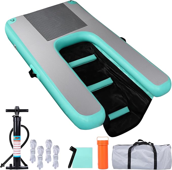 Inflatable Dog Water Ramp, High Stability Floating Ladder, Inflatable Non-Slip Steps, Mint Green Raft- Portable and Durable for Pools, Lakes, Docks and Boats（Up to 230lbs）