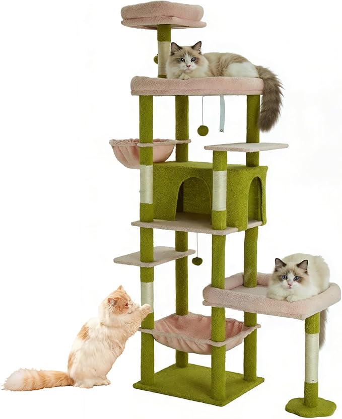 77.5 Inch Cat Tree with Bed, Hammock, Observation Deck, Plush Platform & Toy Ball for Indoor Cats (Green + Pink)