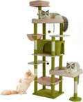 77.5 Inch Cat Tree with Bed, Hammock, Observation Deck, Plush Platform & Toy Ball for Indoor Cats (Green + Pink)