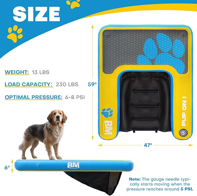 Beyond Marina Dog Pool Ramp - Inflatable Dog Water & Boat Ramp for Lake, Floating Pontoon Dock Ladder with Non-Slip EVA, PUP ON Standard, Extra Large 59" x 47" x 6", Blue/Yellow, Supports 230 lbs