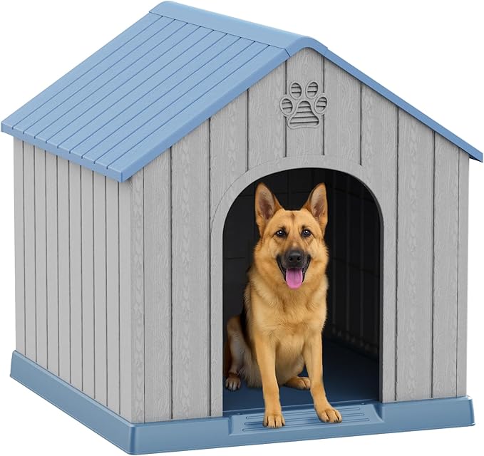 VIXZEN Dog House Outdoor Large Breed - 38 Inch Weatherproof PP Resin Doghouse with Elevated Floor, Open Design & Easy Assembly, Large Dog Houses for Large Dogs Outside (Blue)