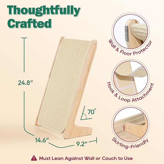 Zakkart L-Shaped Sisal Cat Scratcher, 24.8'' Tall Convertible 70° Vertical Scratching Pad & 20° Ramp Scratcher, Natural Sisal Mat, Solid Wood Frame, Helps Protect Furniture, Easy Assembly (Natural)