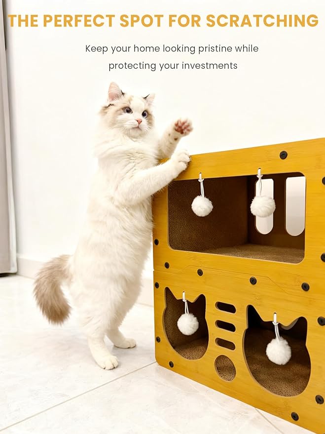 Cardboard Cat House, 2-Tier Large Cardboard Cat Scratcher House with Toys for Indoor Small Cats