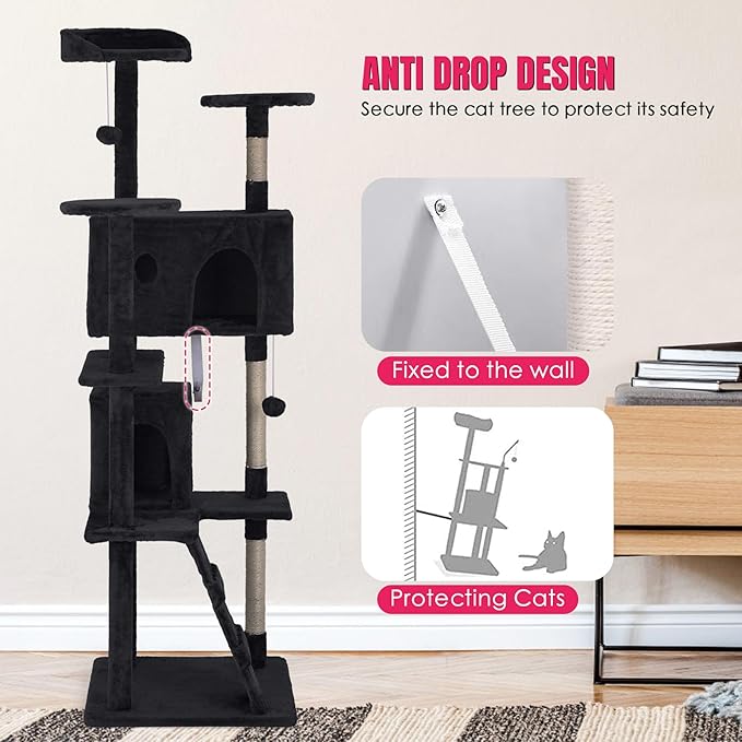 24/7 Shop at Home Court 70 inch Multi-Level Cute Cat Tree Tower with Dangling Ball and Scratching Posts for Indoor Cats Adults, Kitten Supplies, Pet House, Dark Gray