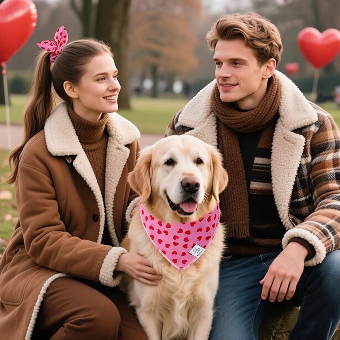 E-Clover Mother's Day Heart Dog Bandanas & Matching Scrunchie Set Cute Girl Dog Scarf Bibs Pet Bandana with Bow Tie for Medium Large Dogs Owner Mom Pink