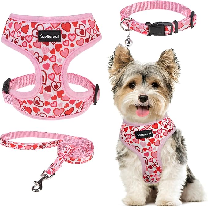 SCENEREAL Valentine's Day No Pull Dog Harness Collar Leash Set for Small Sized Dogs, Soft Mesh Plaid Harnesses for Fall Winter, Adjustable Pet Vest for Outdoor Walking Training and Running, S