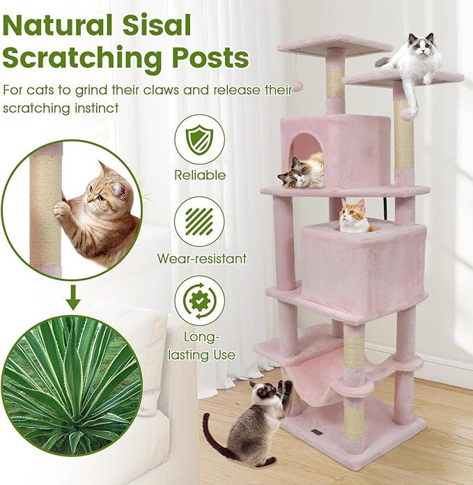 PETSITE 57-inch Modern Cat Tree, Multi-Level Cat Tower with 2 Comfy Condos, Sisal Scratching Posts, Plush Top Perch, Snug Hammock, and Dangling Balls, Ideal for Indoor Cats and Kittens (Pink)