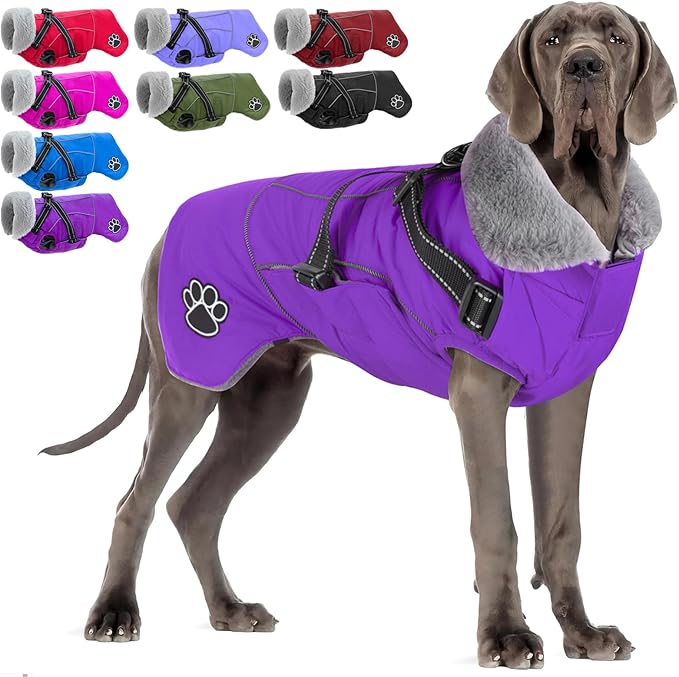 Doglay Dog Jacket Waterproof Dog Coat with Harness Built in, Christmas Puppy Winter Coat Reflective Turtleneck Puffer Snow Jackets for Small Medium Large Dogs