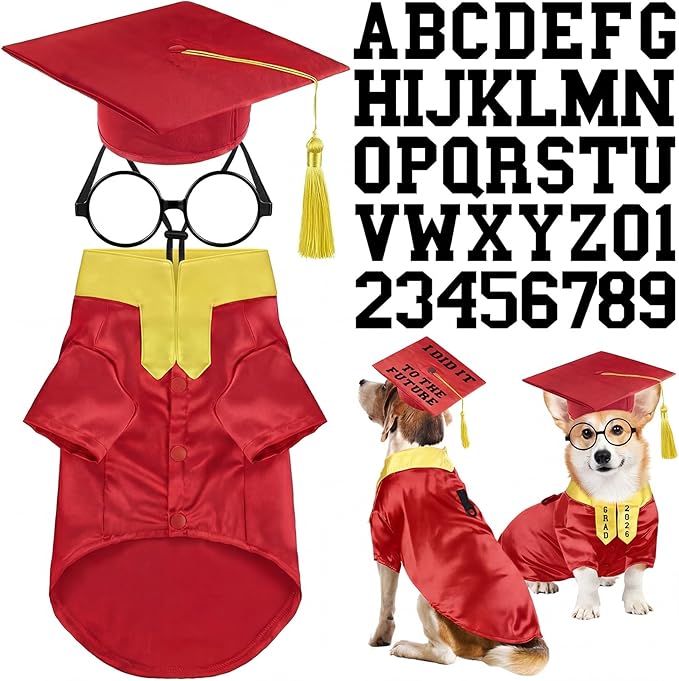 5 Pcs Dog Graduation Costume Set Include 2026 Pet Graduation Gown with Stole Puppy Grad Cap Lensless Glasses DIY Letter Stickers for Dogs Cats Holiday Costume Accessory(Red Yellow,L)