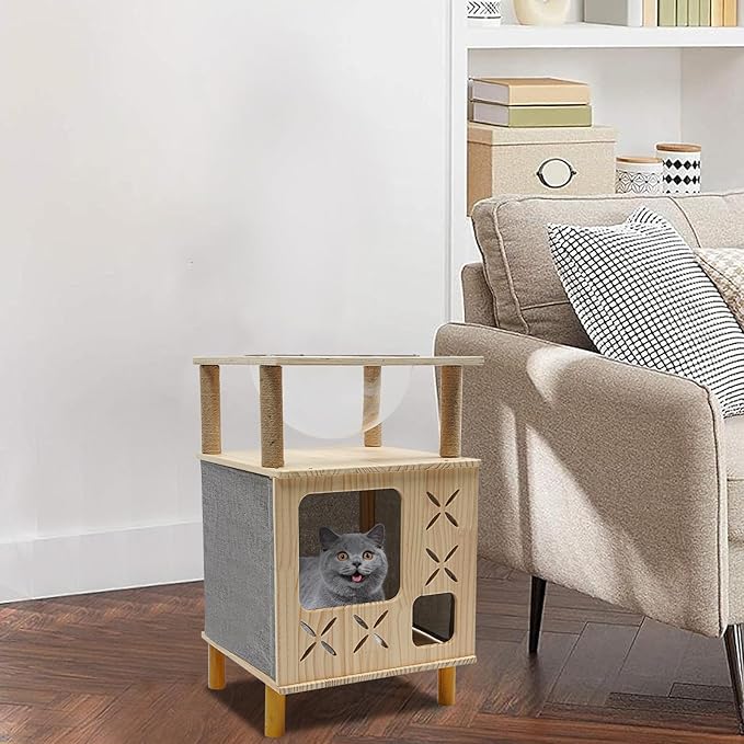 Modern Cat Tree with Ventilated Design & 360° View Capsule, 2-Story Cat Tower with Perch, Natural Wood Climber for Indoor Cats, Linen & Sturdy Build