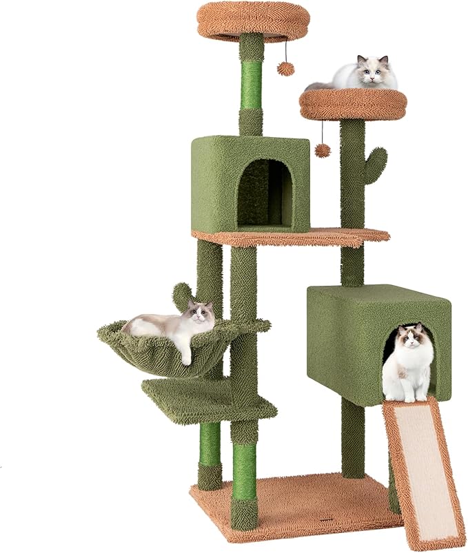 PETSITE 63 inch Cactus Cat Tree Tower, Multi-Level Cat Tower with Sisal Scratching Posts, Sisal Ladder, Hanging Balls, Cat Condos and Side Basket Bed, Cute Cat Tree for Indoor Cats