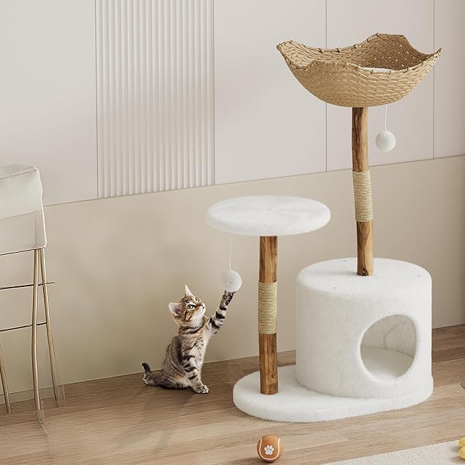 GAOMON 46" Modern Cat Tree for Large Cats, Wood Cat Tree Tower with Scratching Posts, Luxury Cat Condo with Scratching Posts and Flower Platforms, Indoor Furniture for Cat Lover Gifts