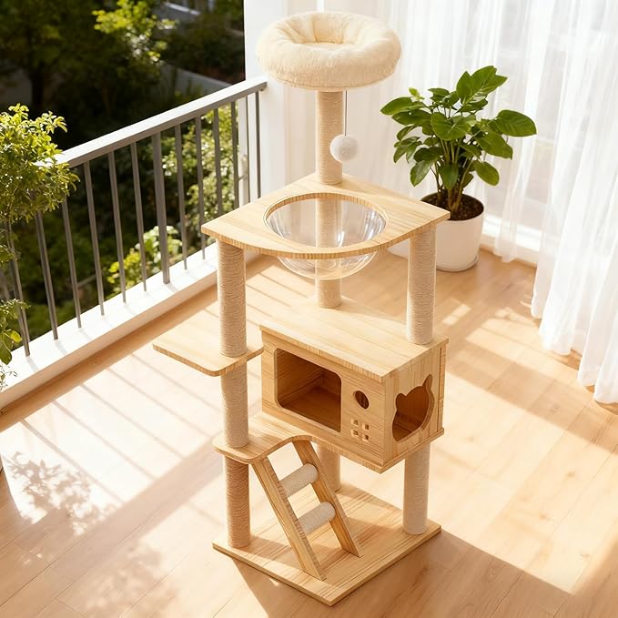 48.8" Tall Cat Tree Wood Multi-Level Cat Tower for Indoor Cats with Acrylic Hammock, Sisal-Covered Scratching Posts and Top Perch, Climbing Ladder for Small Large Cats (48.8")
