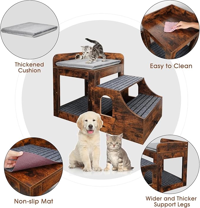 Pet Bunk Bed for Cats, Multi-Level Pet Window Perch Seat Platform with Removable Stairs and Mats for Cats and Dogs, Pet Bed Couch with Drawers for Bedside, Home, Indoor Use, Brown