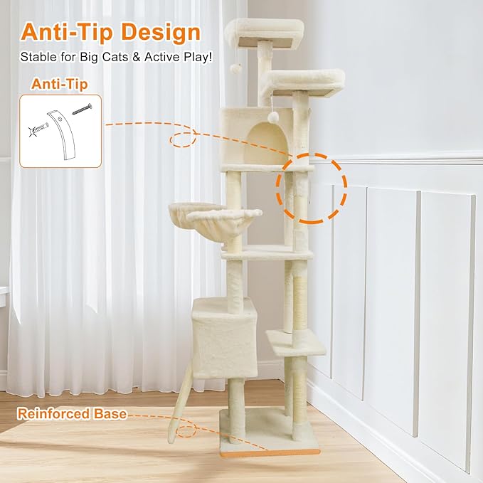 82" Tall Cat Tree,Giant Cat Tree for Indoor Cats Large Adult, Heavy Duty Cat Tree Tower, Extra Large Cat Trees with Scratching Posts, Cat Condos, Hammock,Top Perch,Ramp (Beige)