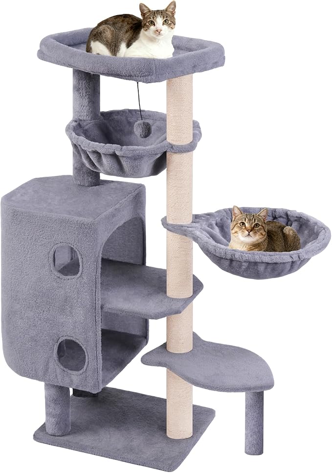45in Cat Tree Tower with Big Condo for Indoor Cats,Cat Tower with Scratching Post,Scratching Board and Cat Toys,Multi-Level,Small Space,Transformer Cat Tree (Grey+)