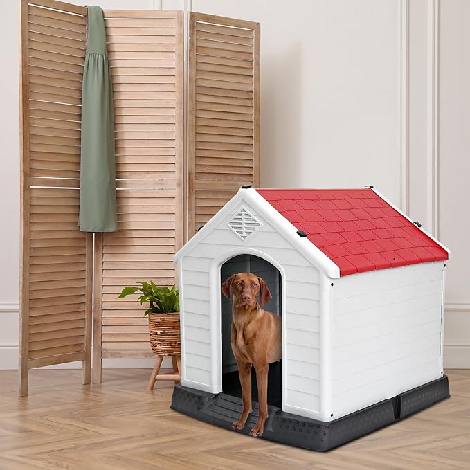 ZENY Plastic Dog House - Waterproof Dog Kennel with Air Vents and Elevated Floor All Weather Indoor Outdoor Insulated Doghouse Puppy Shelter, Easy to Assemble (Red, 28inch)