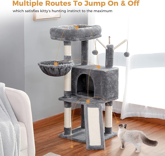 Cat Tree, Multi-Level Cat Tower for Indoor Cats, Cat Climbing Tree Condo with Sisal Covered Scratching Posts, Deep Hammock and Interactive Cat Toy, Gray