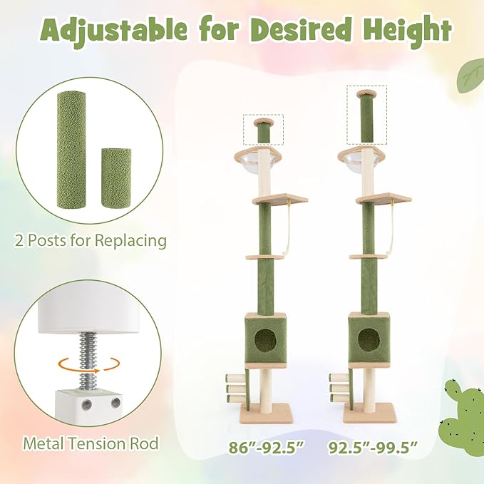 Tangkula Floor to Ceiling Cat Tree, 5 Tier Tall Cat Tower with 86”-99.5” Adjustable Height, Extra Replaceable Post, Tension Cat Tree with Space Capsule, Condo, Sisal Scratching Posts & Rope, Ladder