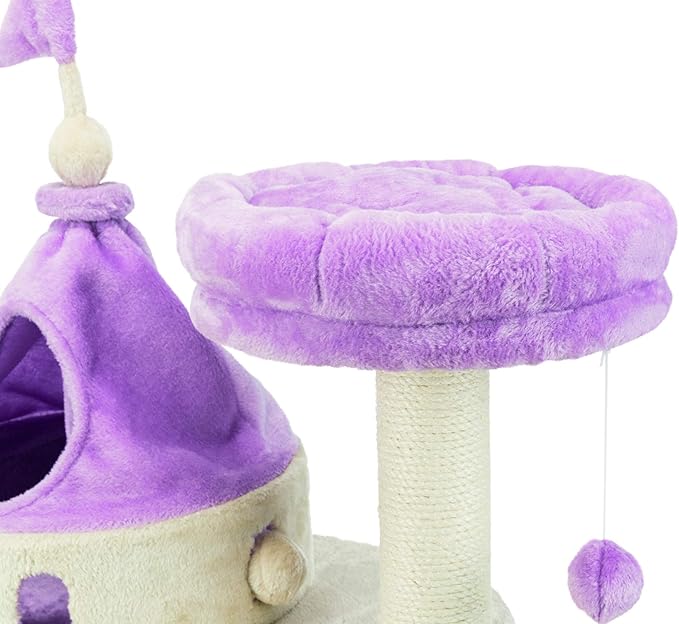 TRIXIE My Kitty Darling Castle Condo, Scratching Post, Cat Tree, Pom Pom, Crinkle Toy | Beige 27.5 x 14.75 x 35.25 in.