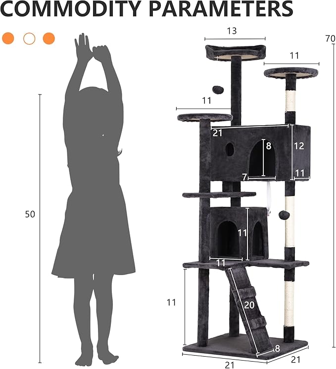 BLKMTY Cat Tree 70" Tall Cats Tower Large Cat Condo Climber Cats Climbing Stand with Top Perches Playhouse and Climbing Ladder Kitty Activity Tree w/Scratching Post Toys, Dark Gray