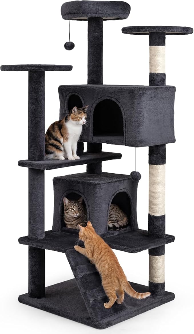 Tangkula Cat Tree Tower, 52 Inch Multi-Level Cat Tower with Sisal Scratching Posts, Cushioned Top Perch, Large Dual Condos & Ladder, 2 Hanging Balls, Jumping Platforms for Indoor Cats (Dark Gray)