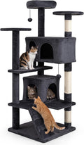 Tangkula Cat Tree Tower, 52 Inch Multi-Level Cat Tower with Sisal Scratching Posts, Cushioned Top Perch, Large Dual Condos & Ladder, 2 Hanging Balls, Jumping Platforms for Indoor Cats (Dark Gray)