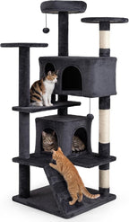 Tangkula Cat Tree Tower, 52 Inch Multi-Level Cat Tower with Sisal Scratching Posts, Cushioned Top Perch, Large Dual Condos & Ladder, 2 Hanging Balls, Jumping Platforms for Indoor Cats (Dark Gray)