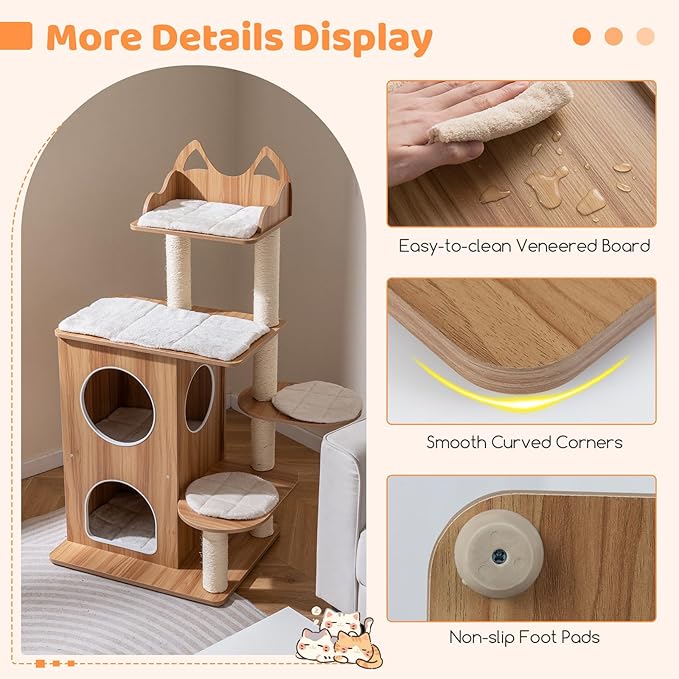 PETSITE 48-inch Wooden Cat Tree, Multi-Level Modern Cat Tower with Sisal Scratching Posts, Double-Layer Condo, Cute Top Perch, 3 Jumping Platforms with Washable Detachable Cushions