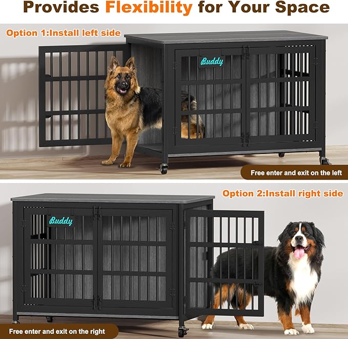 EasyCom 48"/42"/33" Dog Crate Furniture with Name Tag, Heavy Duty Dog Kennel Indoor for Large Dogs, Escape-Proof and Chew-Proof Dog Cage for high Anxiety Dog, Decorate House as TV Stand, End Table
