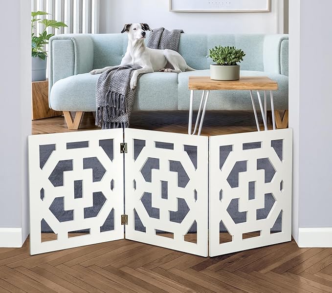 Bundaloo Freestanding Dog Gate Expandable Decorative Wooden Fence for Small to Medium Pet Dogs, Barrier for Stairs, Doorways, & Hallways