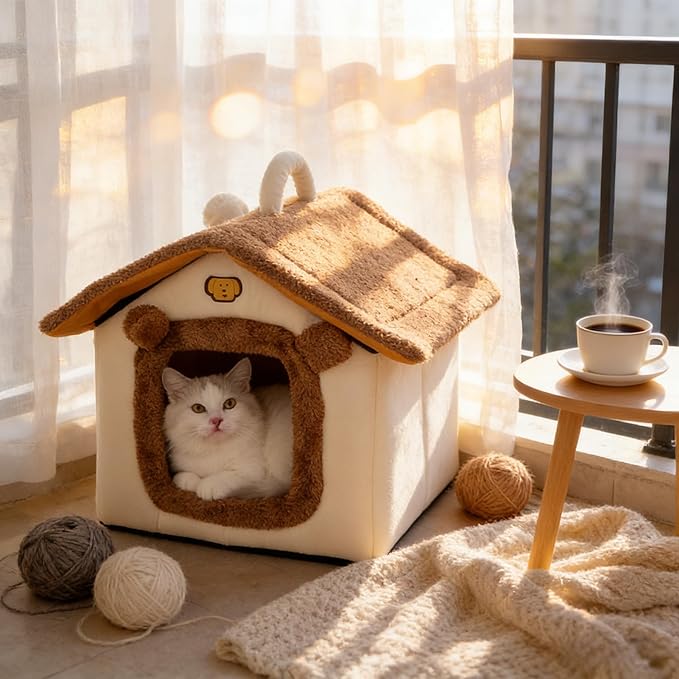 Lovely Cat Bed for Indoor Cats, Cartoon Pattern Cat Cave Bed with Handle Design, Soft Cat Hideaway Indoor Cat House for Kitten, Puppy & Small Pets (L)