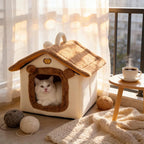 Lovely Cat Bed for Indoor Cats, Cartoon Pattern Cat Cave Bed with Handle Design, Soft Cat Hideaway Indoor Cat House for Kitten, Puppy & Small Pets (L)