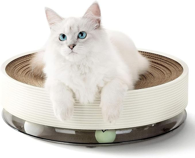 3-in-1 Cat Scratcher Toy with Track Ball, Round Cardboard Cat Scratcher Lounge & Bed, Interactive Cat Toy for Indoor Cats, Durable Scratching Pad with 2 Spinning Balls