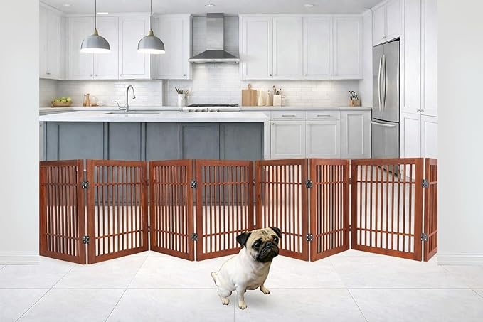 Urnporium Pet Dog Gate Freestanding, Strong Durable Folding Wooden Fence, Portable Acacia Hardwood Safety Barrier for Indoor & Outdoor Use (Brown Pet Gate, 8 Panel 24" Tall)