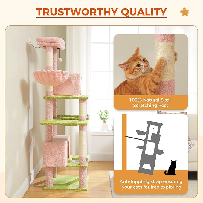 PEQULTI 66" Cat Tree for Indoor Cats, Tall Cat Tower for Large Cats with Scratching Post, Super Large Metal Hammock[20''X12''] and 2 Big Condos, Pink