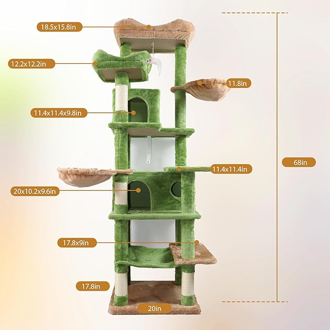 68 Inch Multi-Level Large Cat Tree - Sisal Scratching Posts & Removable Cushions, Cozy Hammock and Comfortable Hideaway, Tall Cat Tower for Indoor Cats (Green + Particle Board)