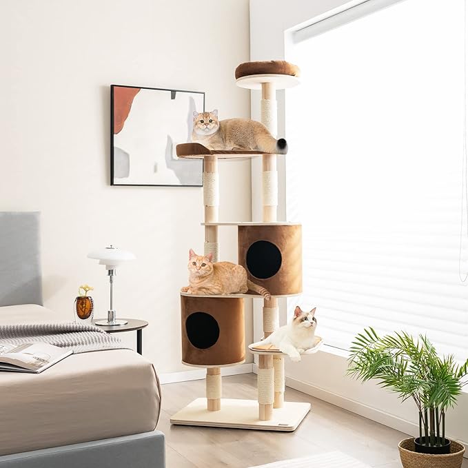 Tangkula 75 Inch Tall Cat Tree for Indoor Cats, Natural Solid Rubber Wood Cat Tower with Sisal Scratching Posts, Top Perch, Detachable Cat Condo, 6-Layer Modern Cat Trees and Towers for Large Cats
