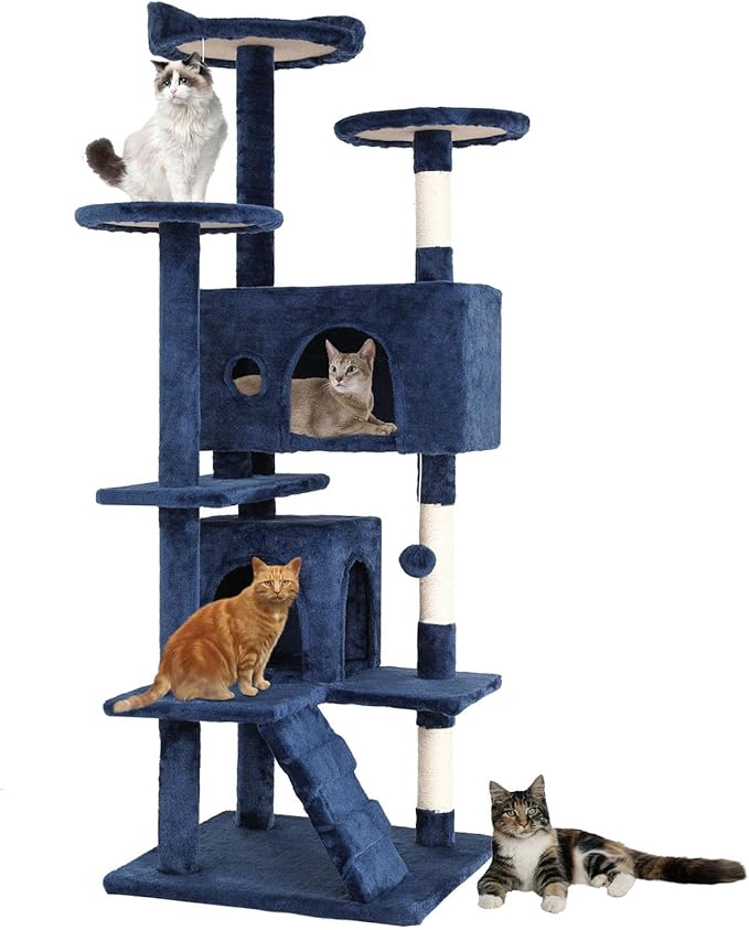 Cat Tree 54 Inch Cat Condo Stand House Multi-Level Cat Tower Durable Cat Scratching Post & Cozy Fun Indoor Cat Jumping Platform Kitty Activity Center with Furry Ball Toys for Cats, Navy Blue