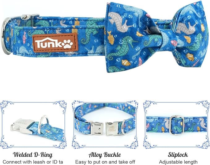 Tunkoo Dog Collar with Bow Tie Elegant Hippocampus Soft Comfy Cotton Adjustable Collar Premium Metal Buckle,Small Medium Large Puppy Cat Outdoor Training Walking Running（Hippocampus，S）