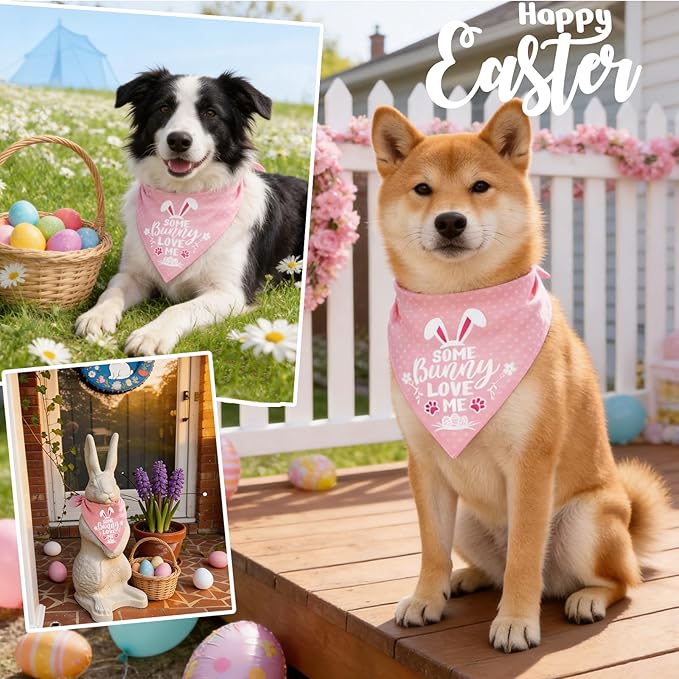Easter 2-in-1 Dog Bandana with Egg-Stra Cute & Some Bunny Love Me Lovely Saying, Pink Pet Holiday Costumes Scarf with Snap Button, Large to Giant Breeds (75lbs+)