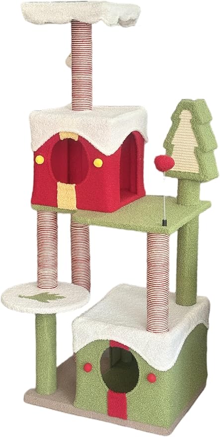Montary 54" Christmas Themed Cat Tree - Multi-Level Cat Tower with Condos, Platforms, Tree-Shaped Scratching Post & Comfortable Fabric, Green