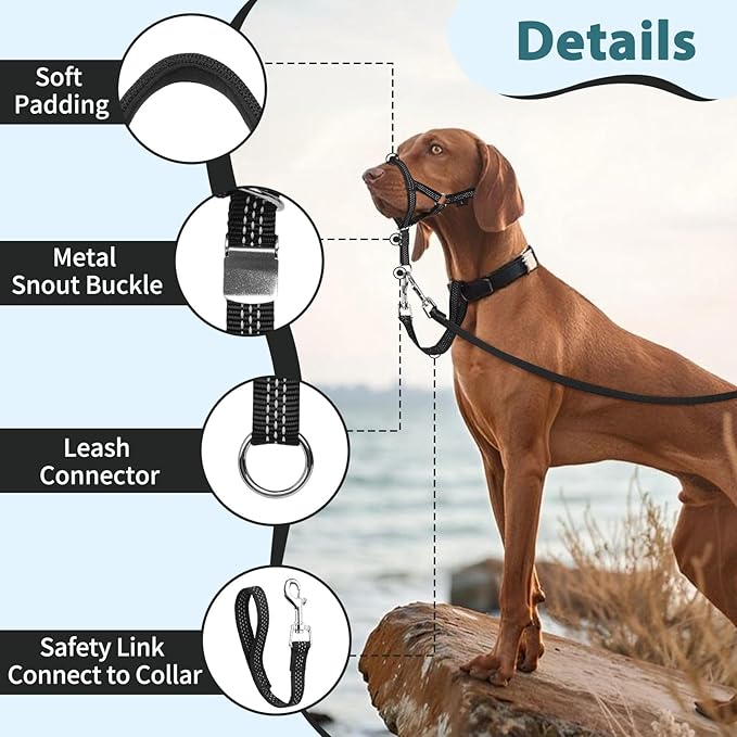 BARKLESS Sturdy No Pull Head Collar for Medium Large Dogs, Gentle Reflective Head Halter with Safety Link, Adjustable Nylon Dog Training Muzzle Leash for Walking Control (Black, XXL)