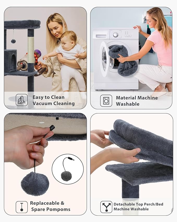 PEQULTI Cat Tree for Large Cats with Metal Frame Big Hammock, Cat Tower for Indoor Cats with 2 Door Condo House, [56.3"=143cm] Multi-Level Cat Shelves with Scratching Posts and Top Perch, Dark Grey