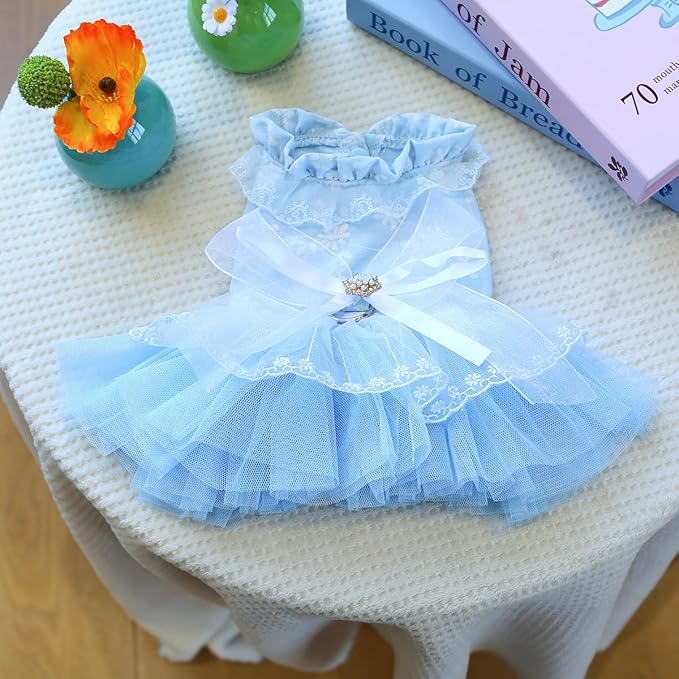 Fashion Sweet Puppy Dog Blingbling Princess Skirt Pet Dog Lace Cake Camisole Tutu Dress F-Blue M