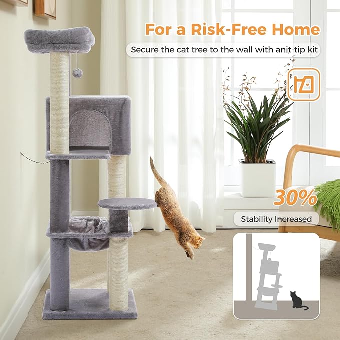 PETEPELA 58" Large Cat Tree for Big Adult Cats up to 25 lbs, Heavy Duty Cat Tower w/Extra-Thick Scratching Posts [φ3.9”], XL Hammock & Spacious Condo, Study Cat Furniture for Maine Coons, Grey
