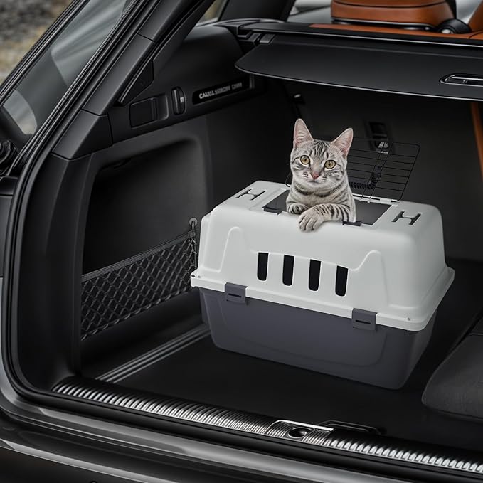Magshion 18 Inch Pet Carrier for Small Dogs and Cats with Top and Front Door Access, Plastic Dog Kennel for Longer Traveling, Durable Handle, and 4 Sides Ventilation for Pet Up 10 lbs (White+Grey)