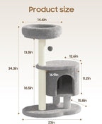 Cat Tree, 34.3 Inches Cat Tower with Scratching Post, Condo, Interactive Hanging Ball, Plush Perch for Indoor Large Cats, Gray